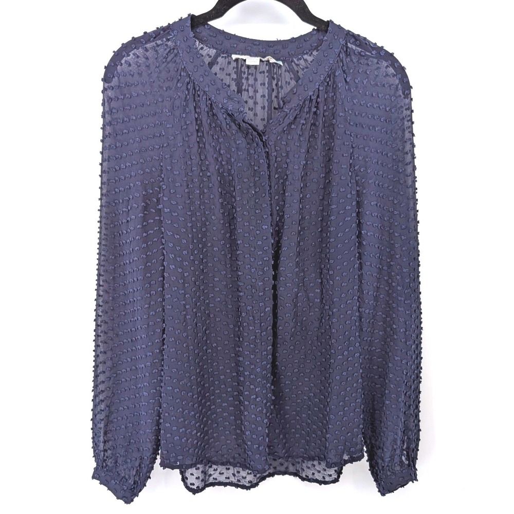 Boden‎ Blouse Womens 6 Navy Blue Swiss Dot Sheer Long Sleeve V Neck Office Top